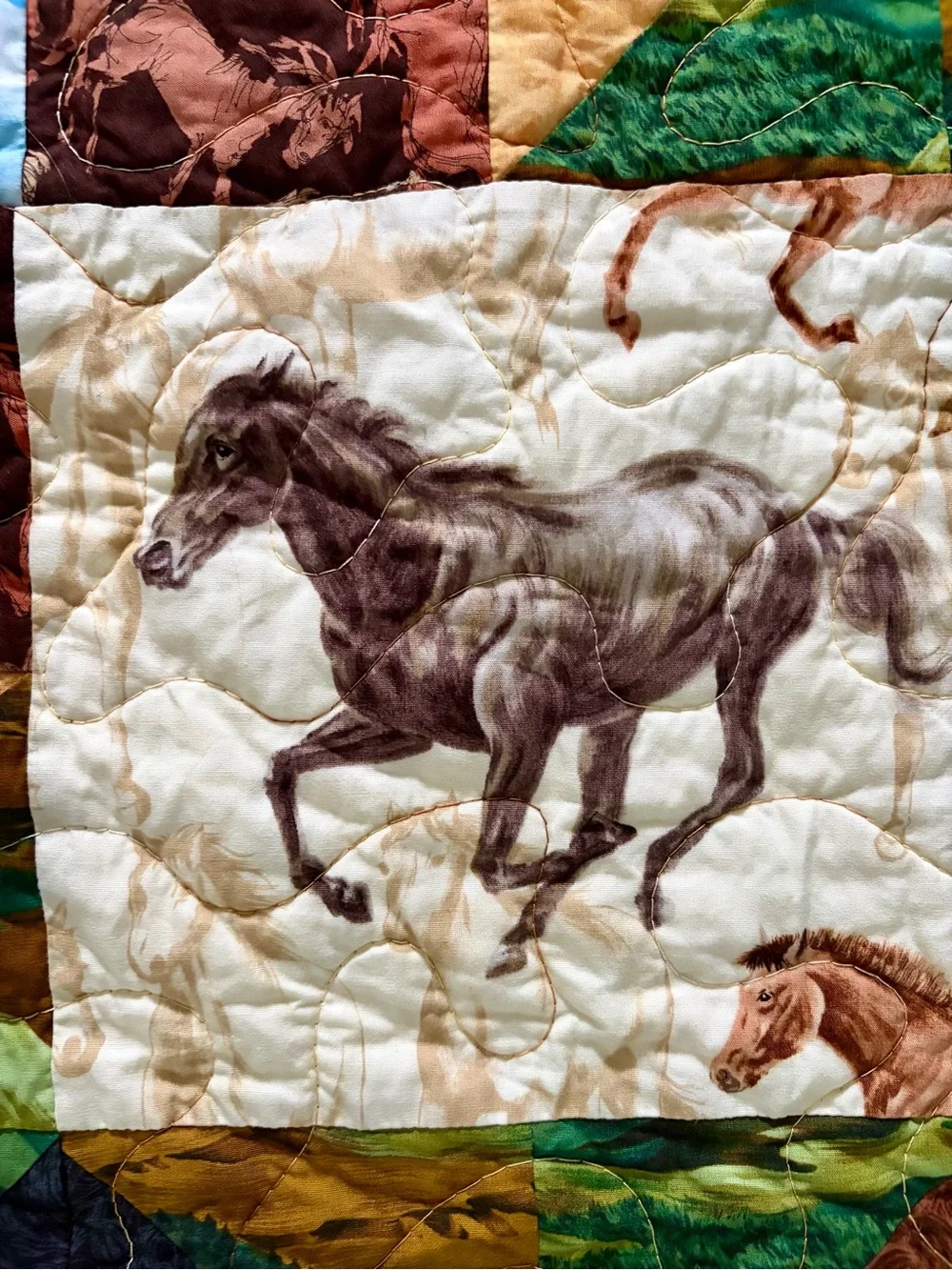 Reversible handcrafted equestrian-themed lap quilt/wall hanging 38x38